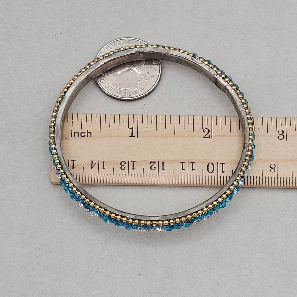 Rhinestone Bangle Bracelet + 1 Accent Bangle 2 Stackable Blue Teal Gold Tone